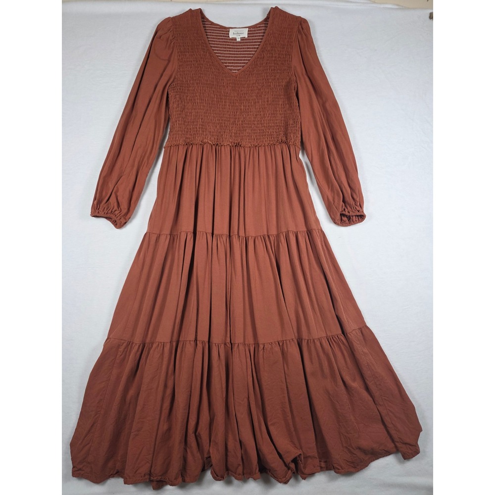 Bohme Tencel Smocked Tiered Prairie Dress Medium Rust Boho Cottagecore
